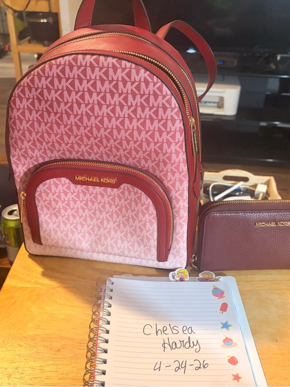 Michael Kors Pink and Red MK Monogram Backpack and wallet